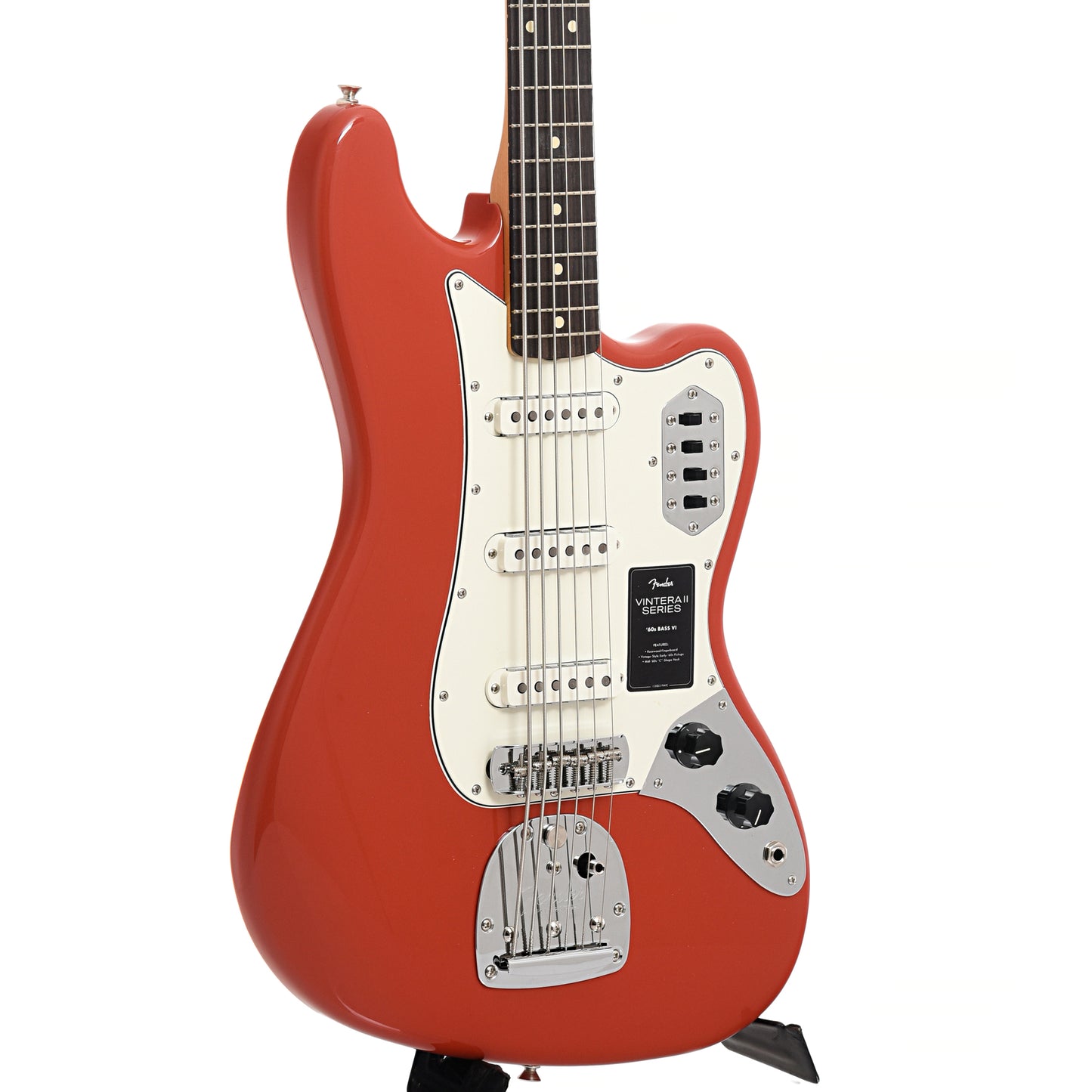 Front and side of Fender Vintera II '60s Bass VI, Fiesta Red