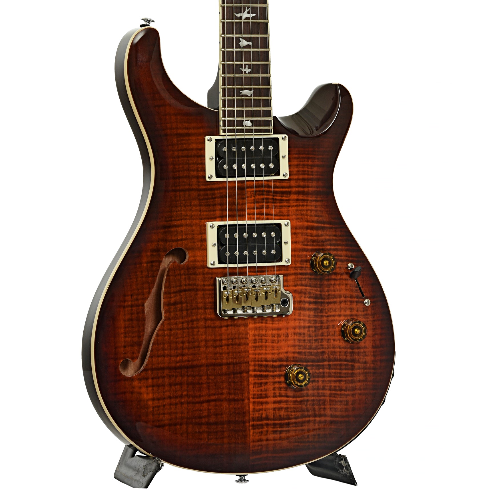Frotn and side of PRS SE Custom 24 Semi-Hollow Piezo Orange Tiger Smokeburst Electric Guitar
