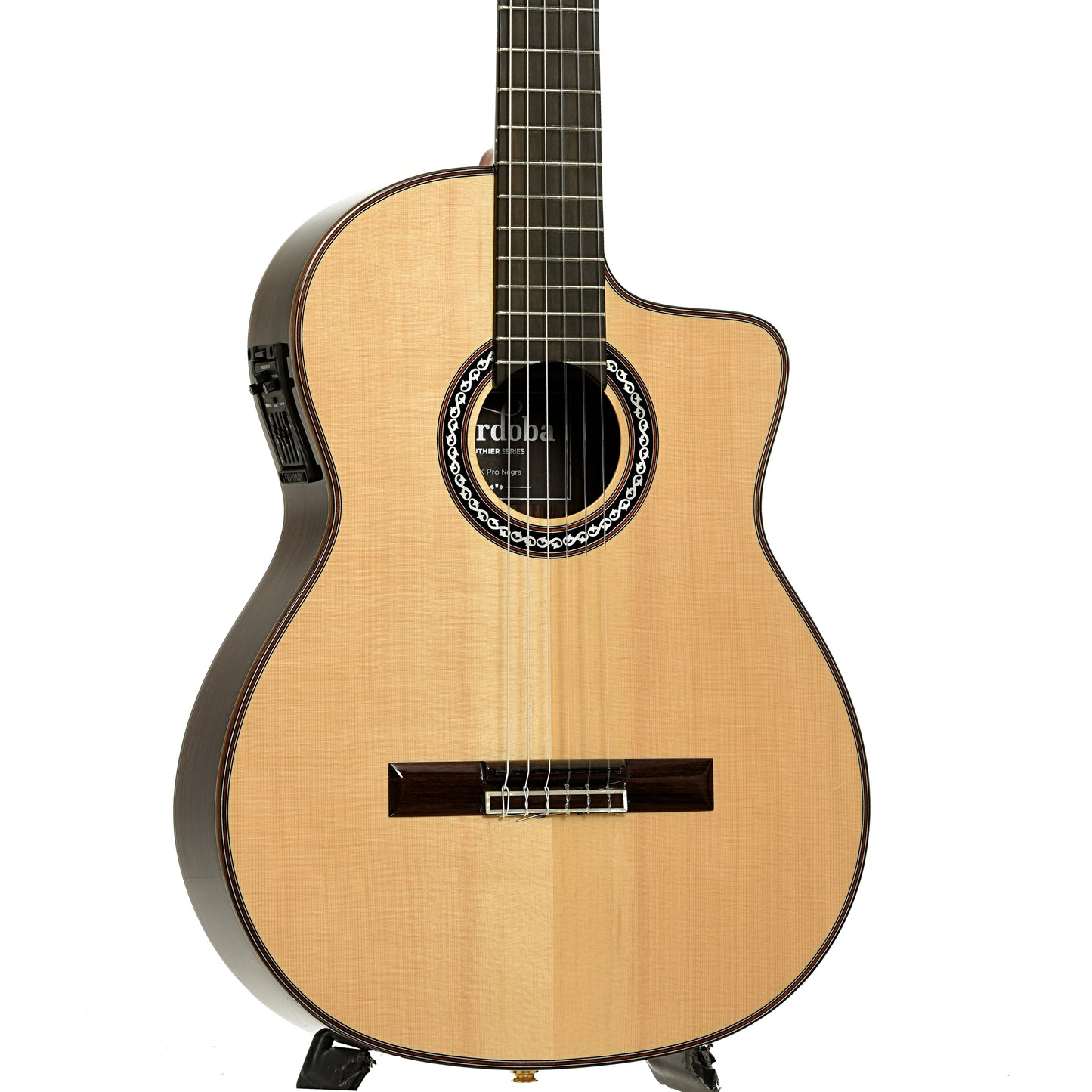 Front and side of Cordoba GK Pro Negra Classical Guitar