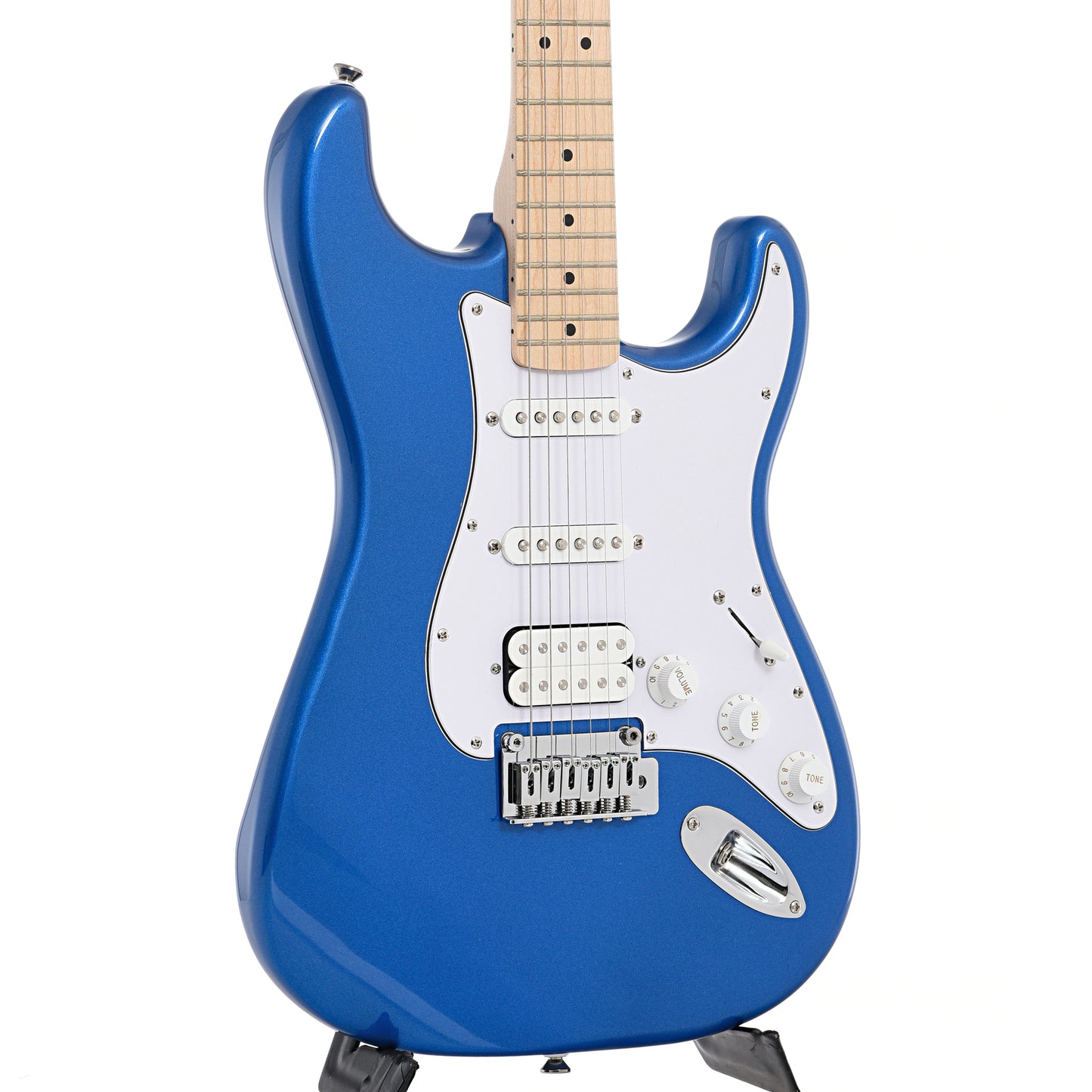 front and side of Squier Affinity Series Stratocaster HSS, Lake Placid Blue