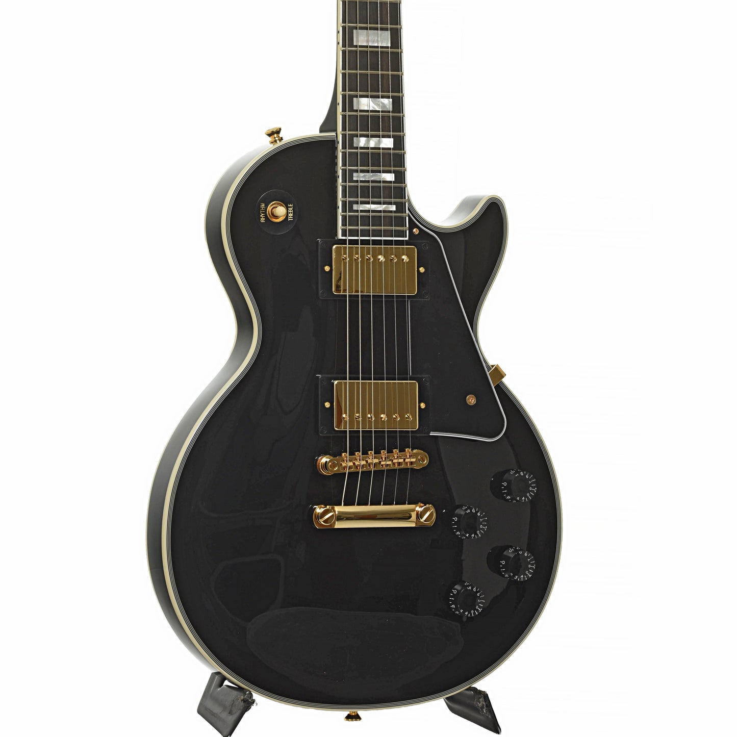Front and side of Epiphone IGC Les Paul Custom Electric Guitar & Case, Ebony