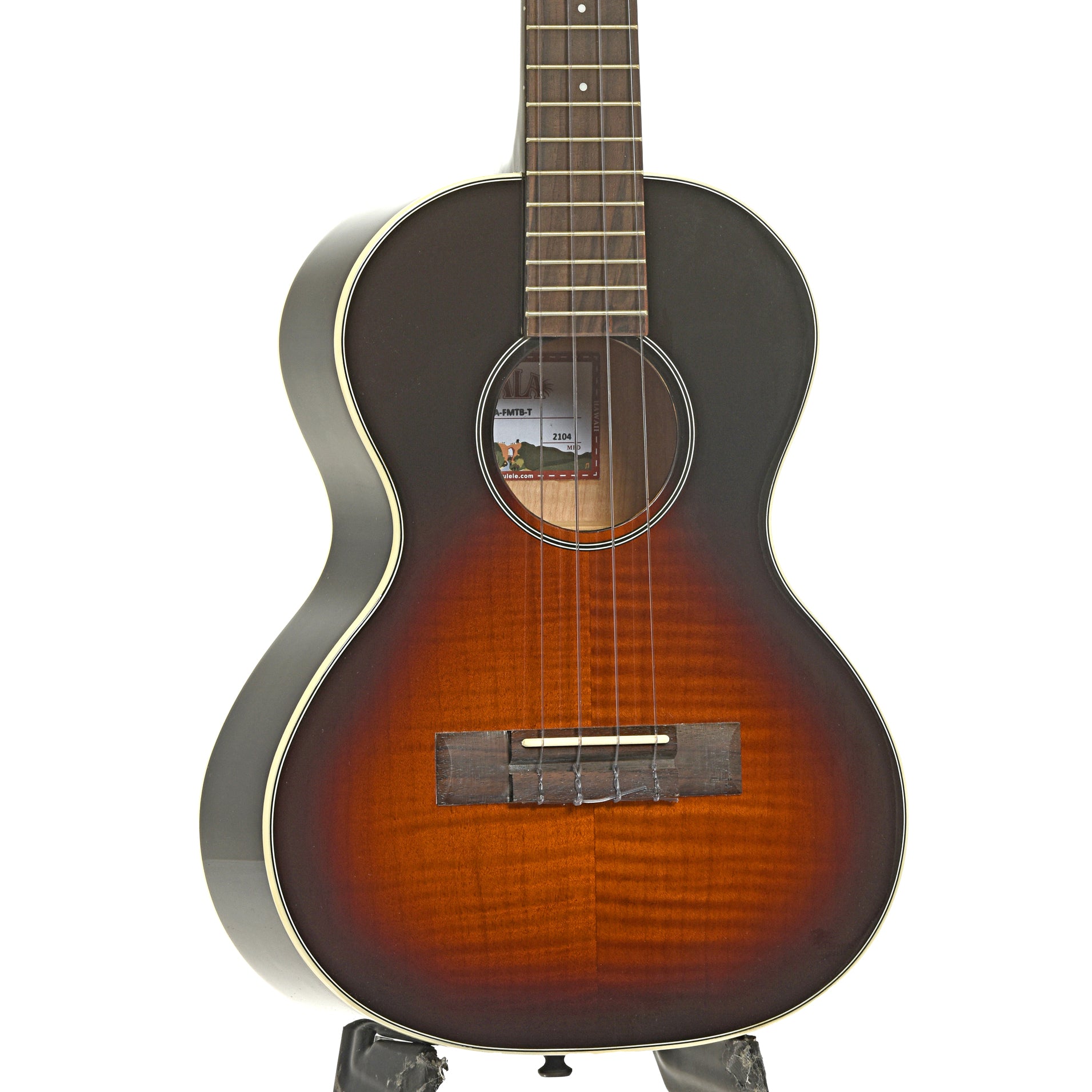 Front and side of Kala KA-FMTB-T Gloss Flame Maple Tobacco Burst Tenor Ukulele