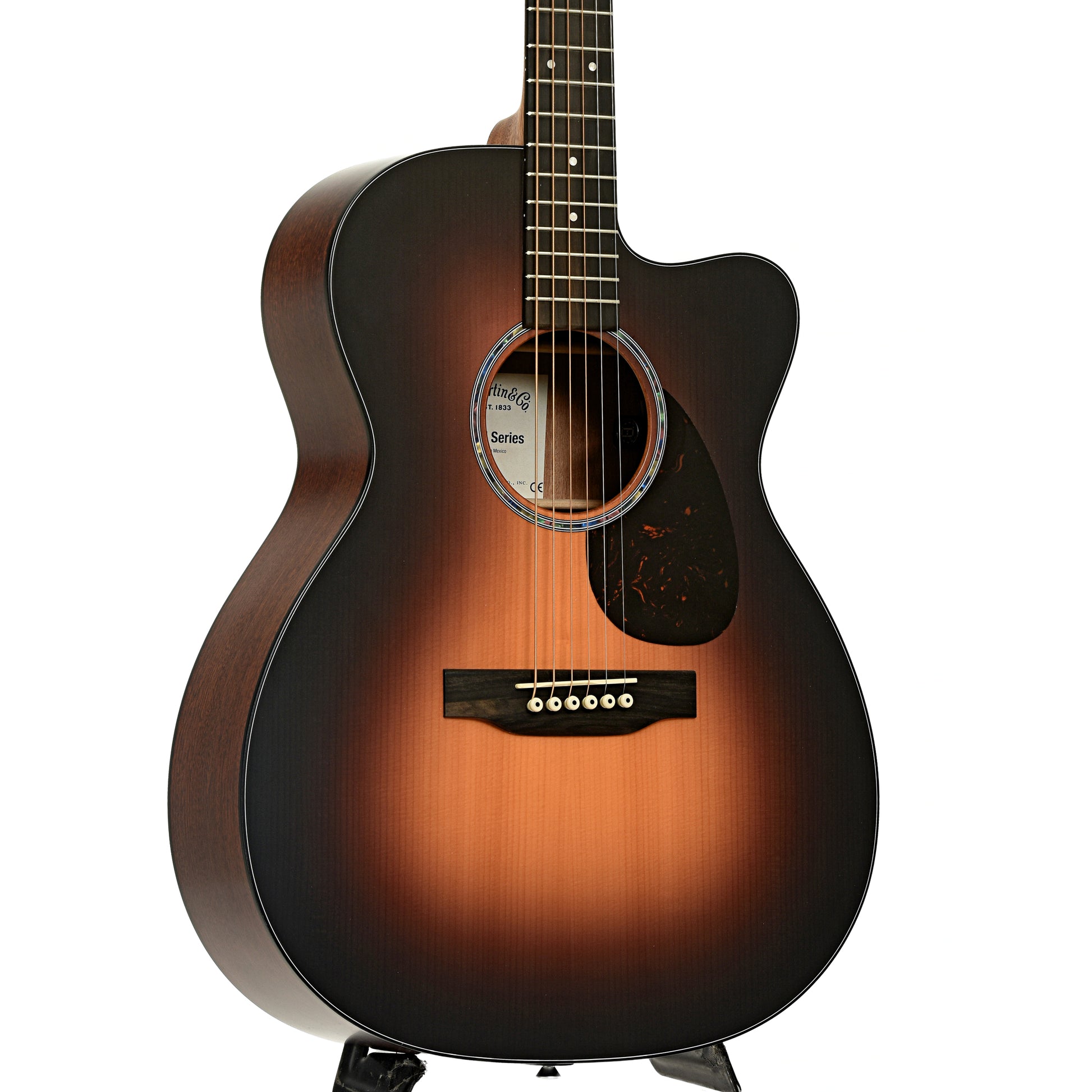 Front and side of Martin OMC-10E Modern Sunburst Guitar