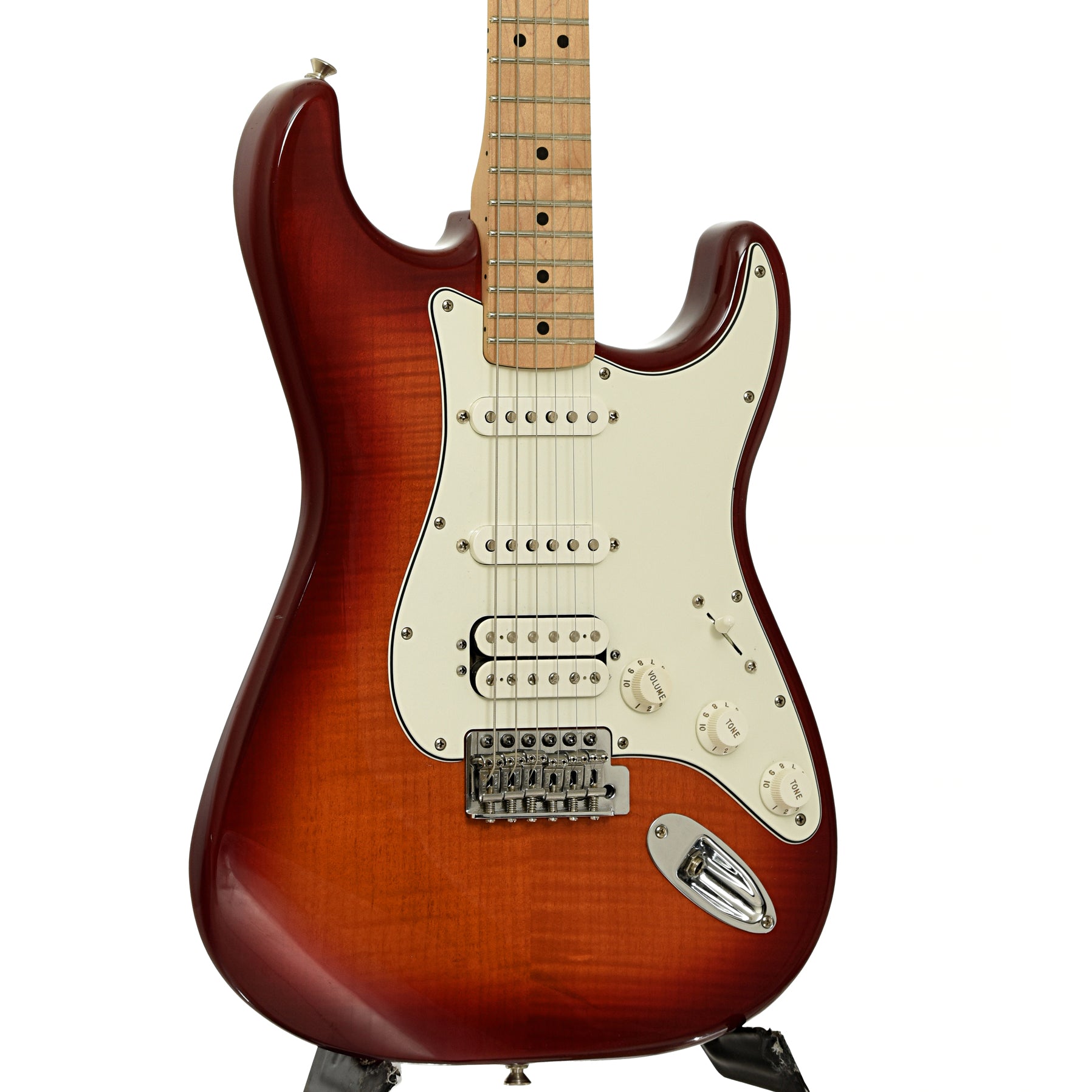 Front and side of Fender Stratocoaster HSS Plus Top Electric Guitar