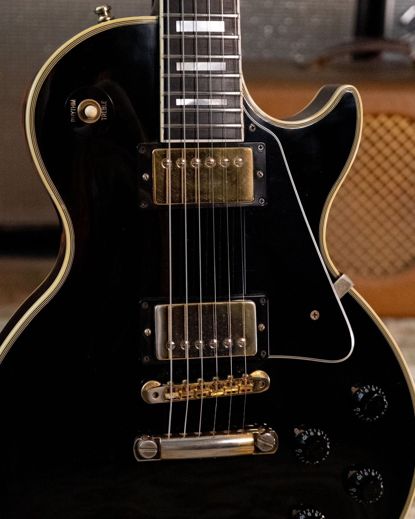 Showroom photo of Gibson Les Paul Custom '57 Black Beauty Reissue Electric Guitar (1992)