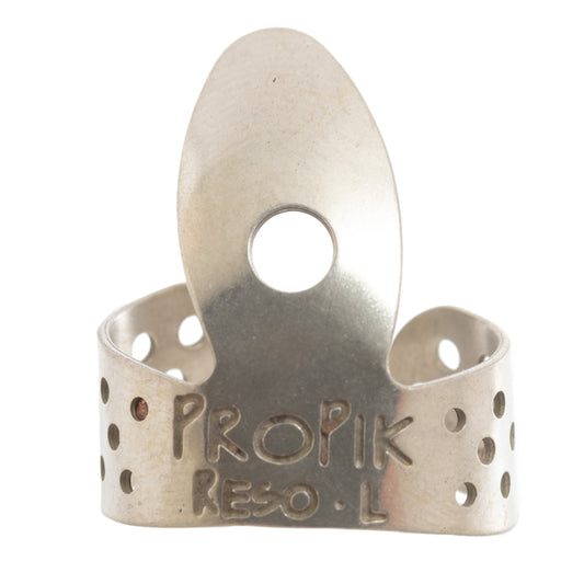 Front of Propik Nickel Resophonic Guitar Fingerpick, Single Wrap, Large