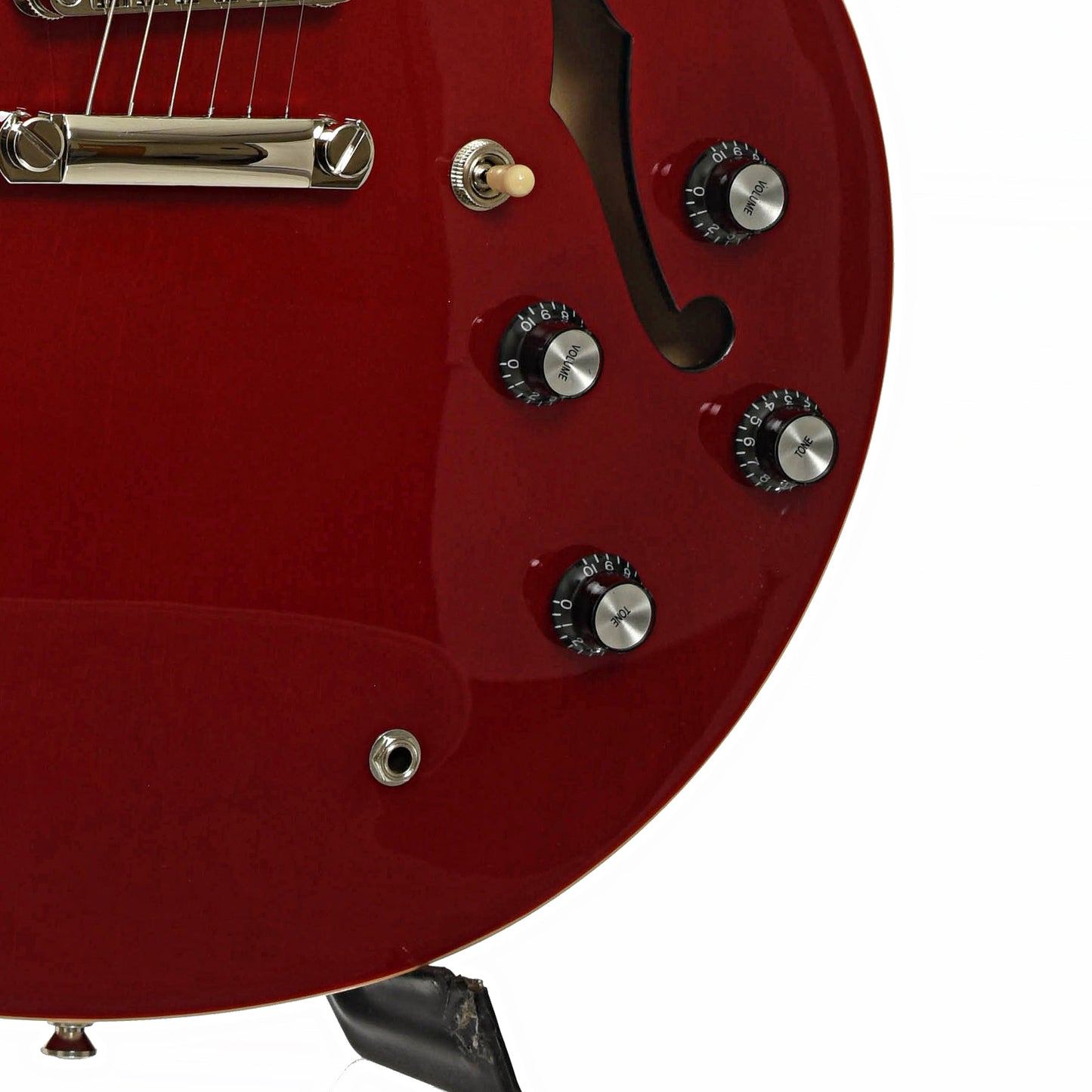 Bridge and controls of Epiphone ES-335 Semi-Hollowbody Electric Guitar, Cherry