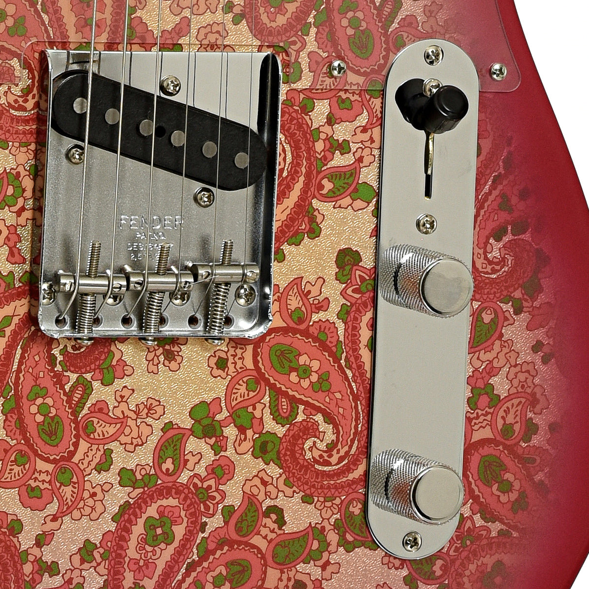 Bridge and controls of Fender Vintage Custom '68 Paisley Telecaster NOS Electric Guitar