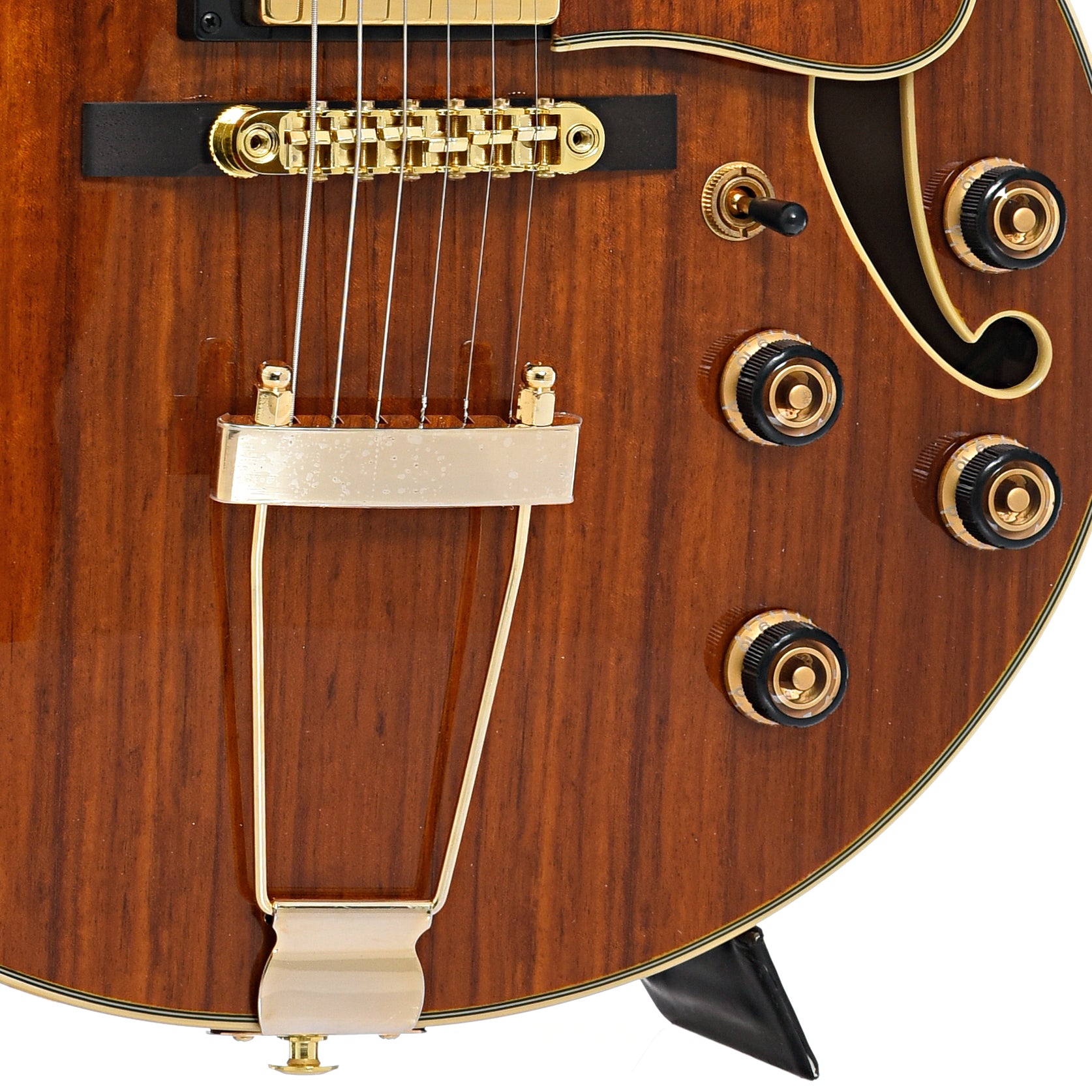 Tailpiece, bridge and controls of Ibanez Artcore Expressionist AG95K Hollowbody Guitar, Natural