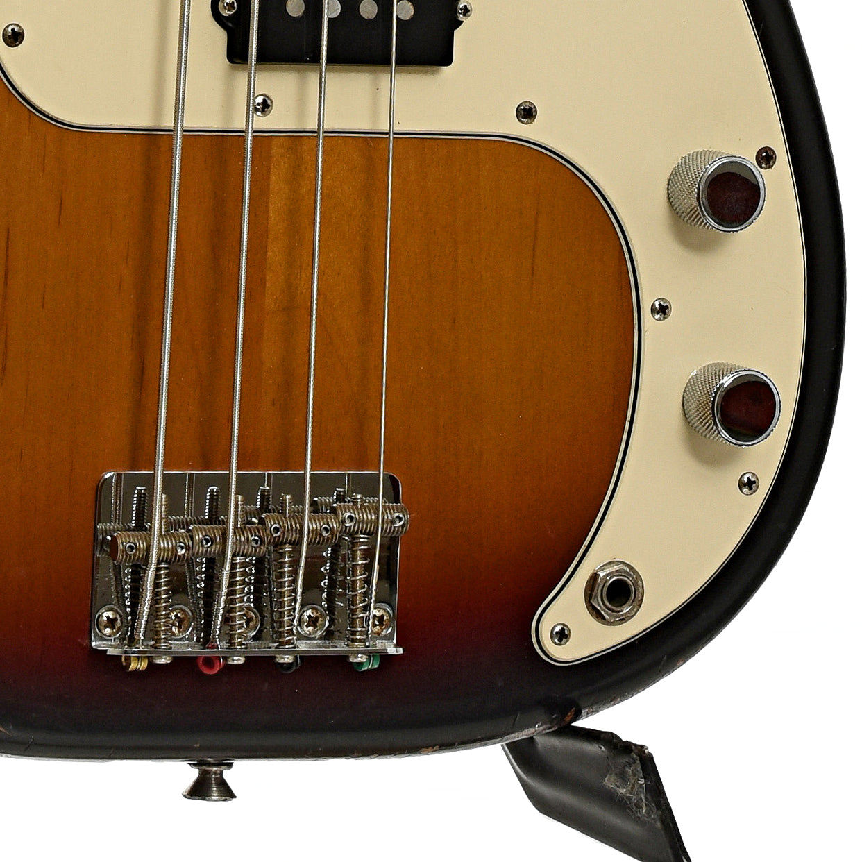 Bridge and controls of Fender American Series Precision Electric Bass 