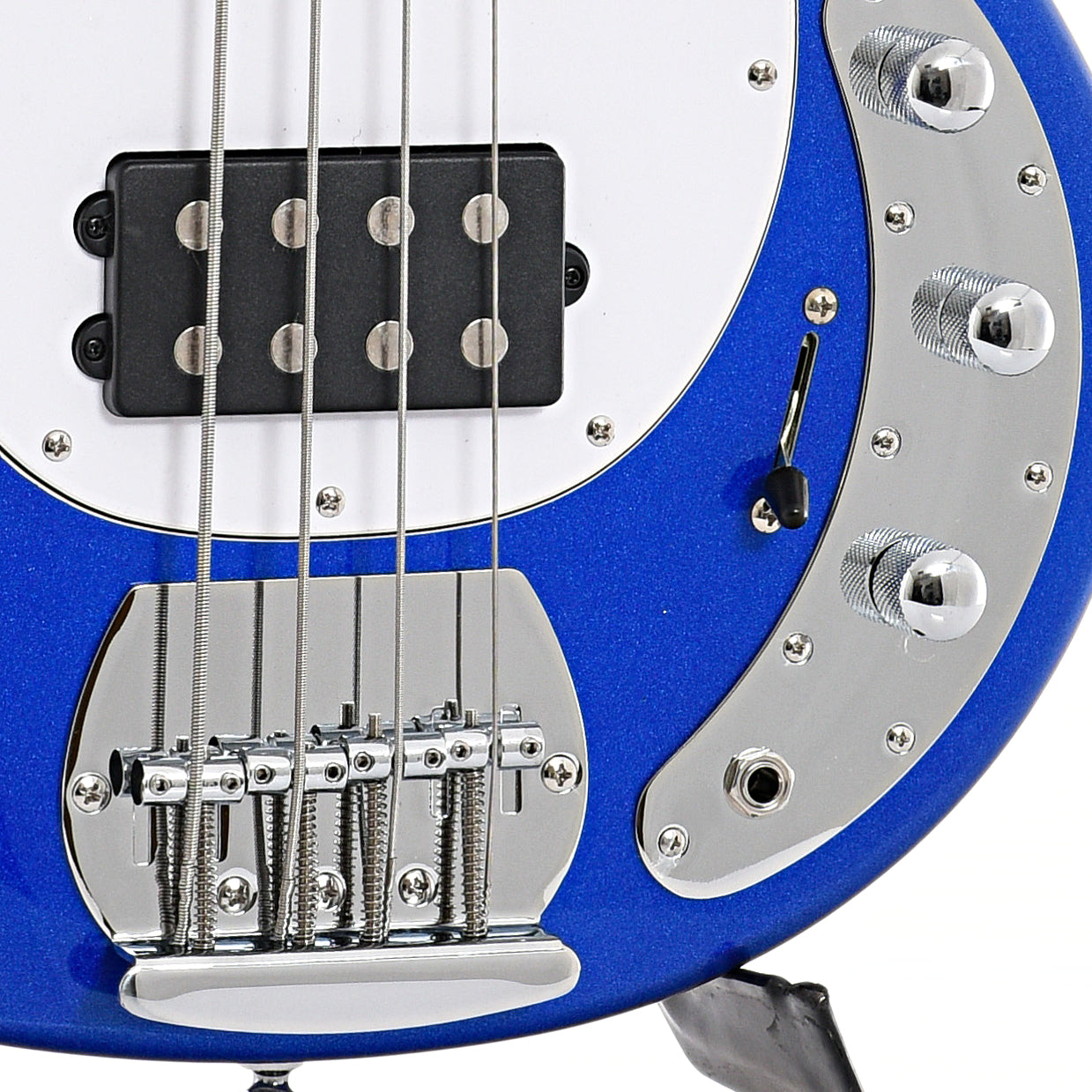 Bridge, controls and bridge pickup of Sterling by Music Man RAY4HH 4-String Bass, Cobra Blue