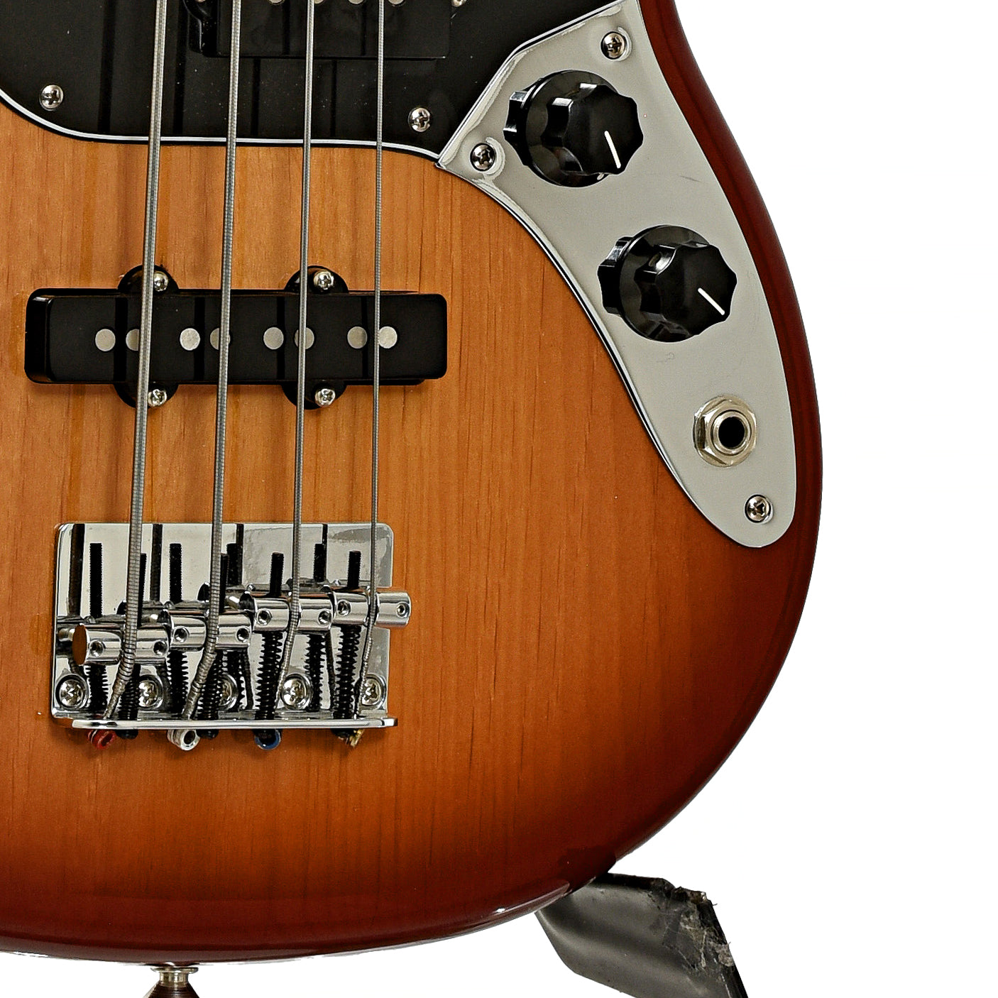 Bridge and controls of Fender Player Mustang PJ Electric Bass