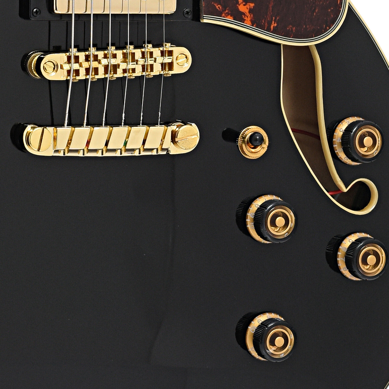 Tailpiece, bridge and controls of Ibanez Artcore Expressionist AS93BC Semi-hollowbody Electric Guitar, Black