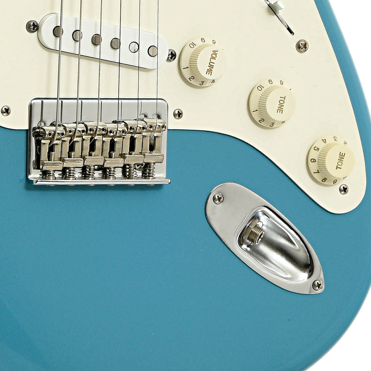 Bridge of Specimen S-Style Guitar with Slotted Headstock