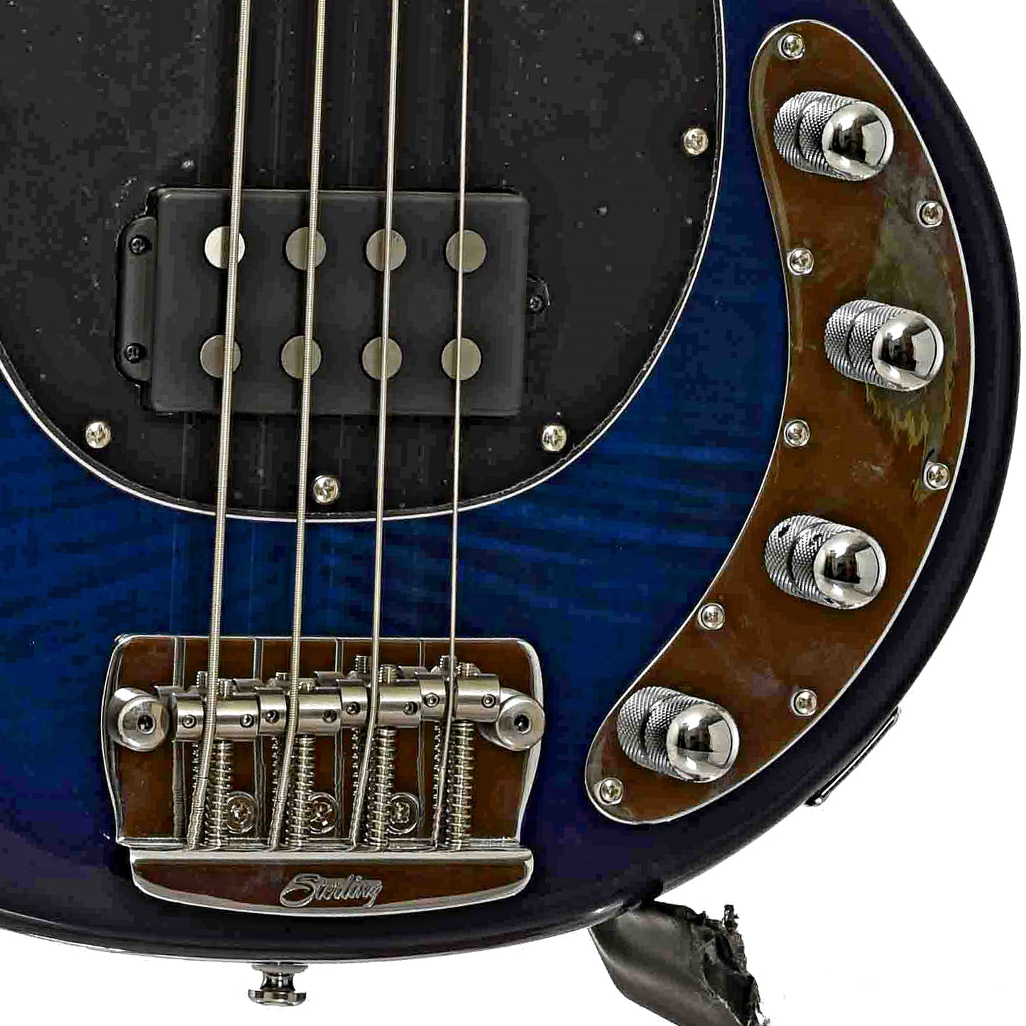 Bridge and controls of Sterling by Music Man StingRay34 Flamed Maple 4-String Bass, Neptune Blue (2022)