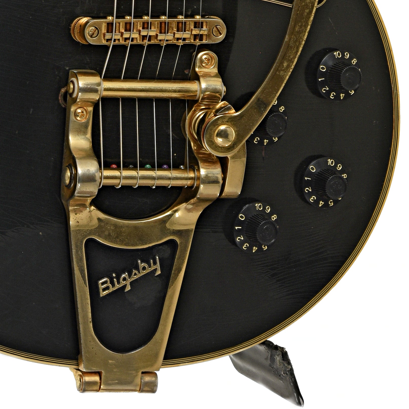 Bridge and controls of Gibson Les Paul Custom Electric Guitar
