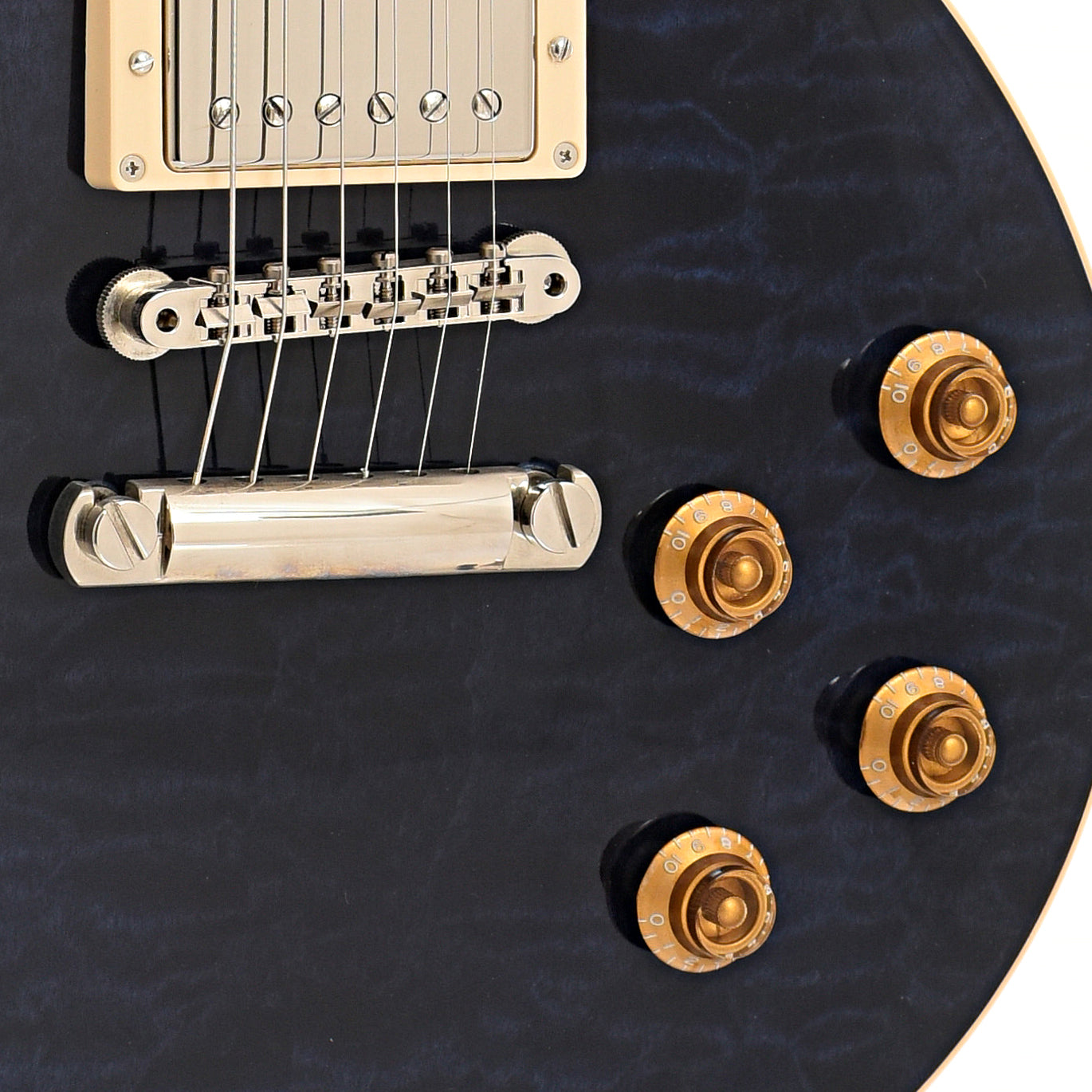 Tailpiece, bridge and controls of Gibson Les Paul Class 5 Quilt Electric Guitar