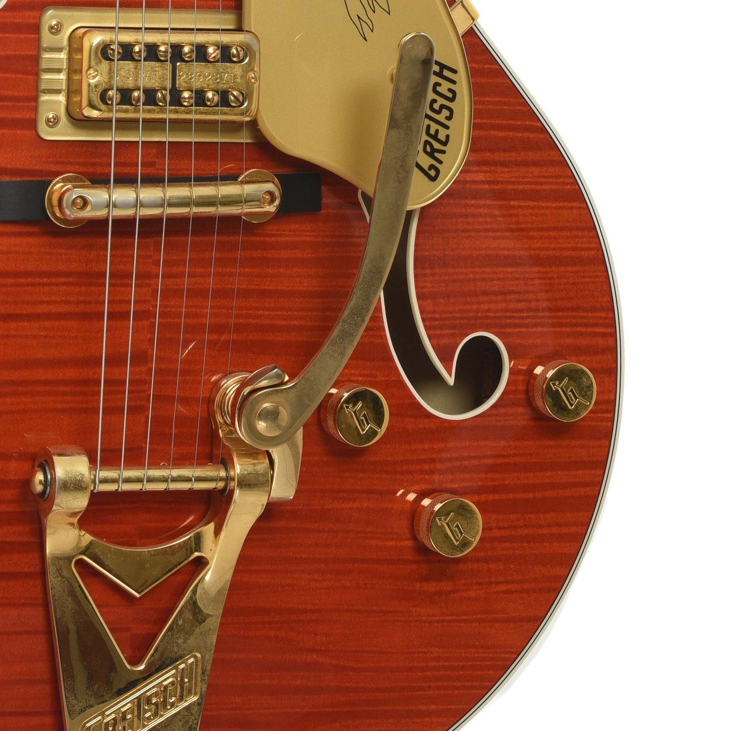 Bridge and controls of Gretsch G6120TFM Players Edition Nashville Hollowbody Electric Guitar
