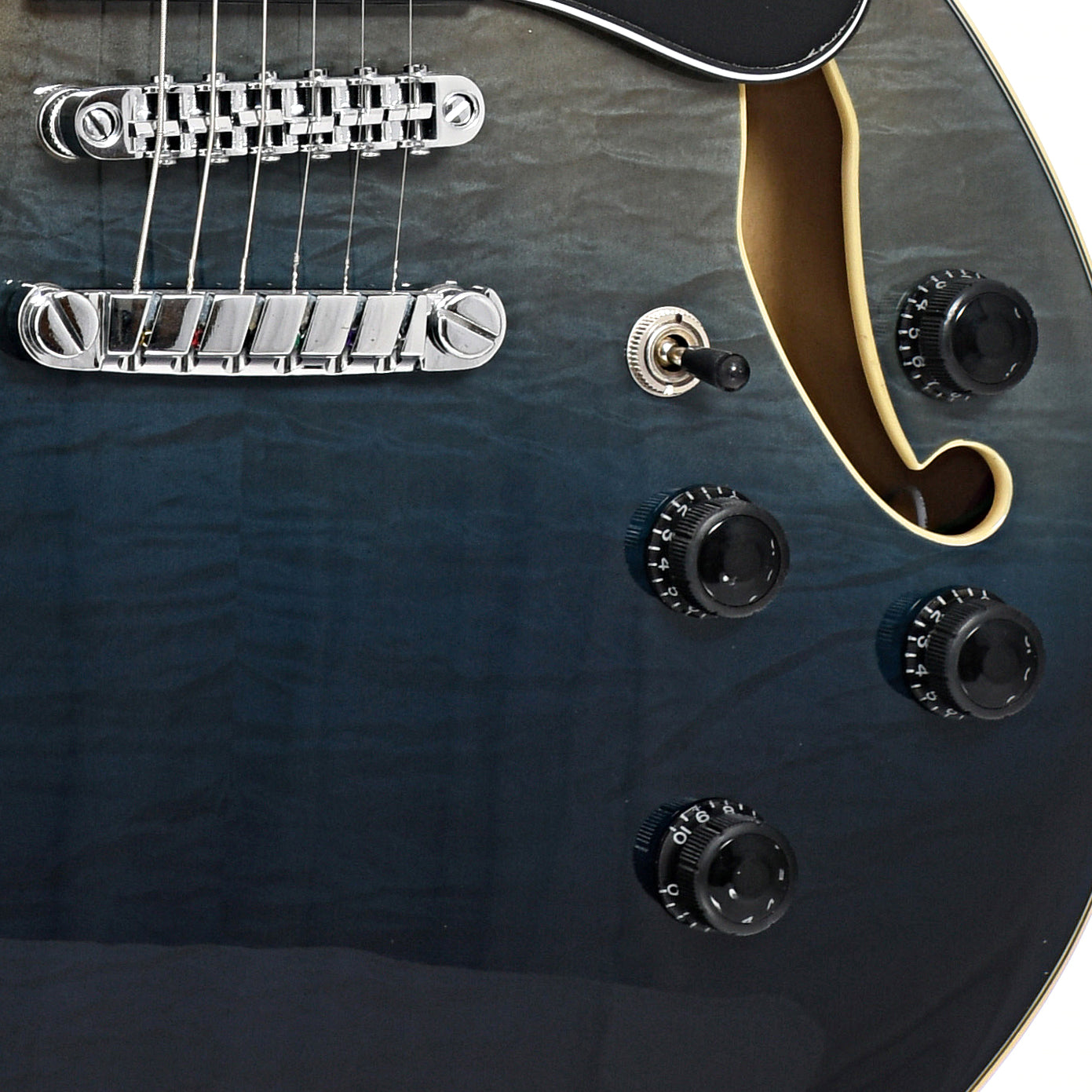 Bridge and controls of Ibanez B-Stock Artcore AS73FM Semi-Hollowbody Guitar, Transparent Indigo Fade