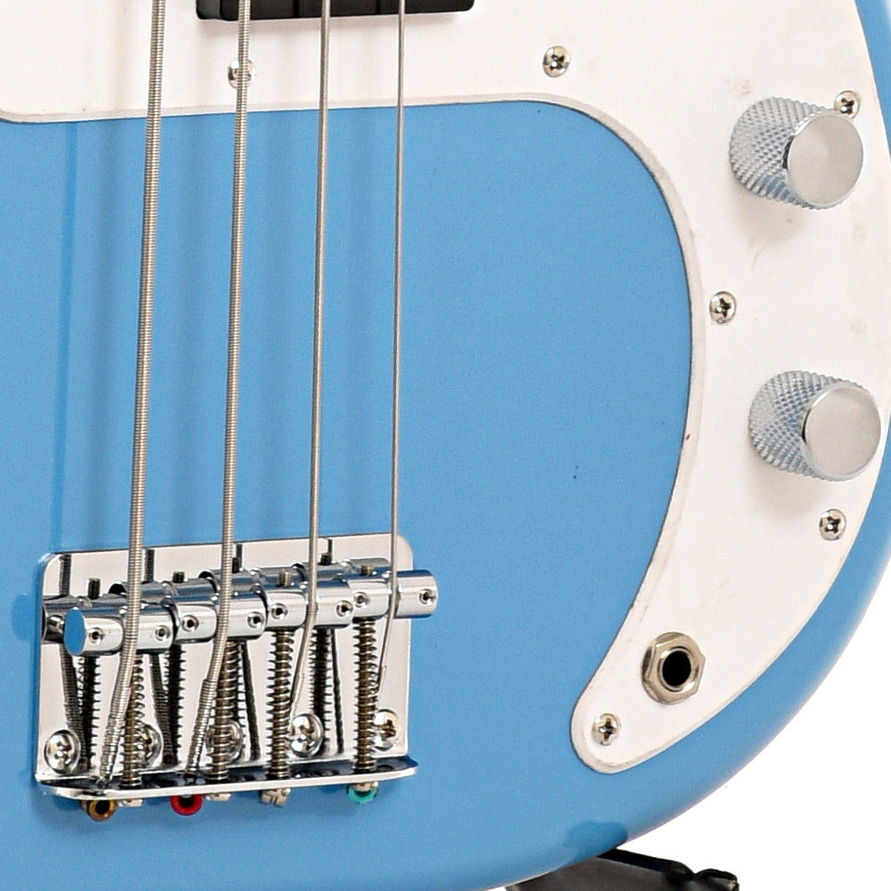 Bridge and controls of Squier Sonic Precision Bass, California Blue