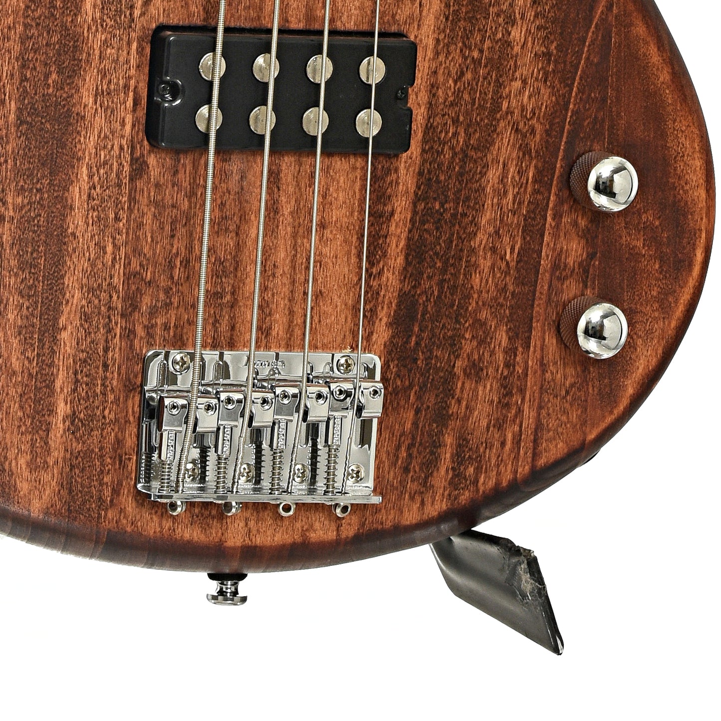 Bridge and controls of Ibanez Gio GSR100EX Electric Bass Guitar, Mahogany Oil