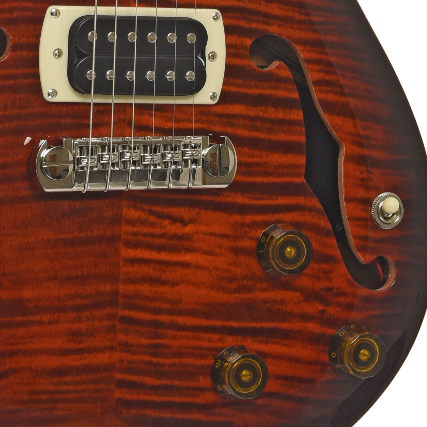 Bridge and controls of PRS SE Hollowbody I Piezo Electric Guitar, Orange Tiger Smokeburst