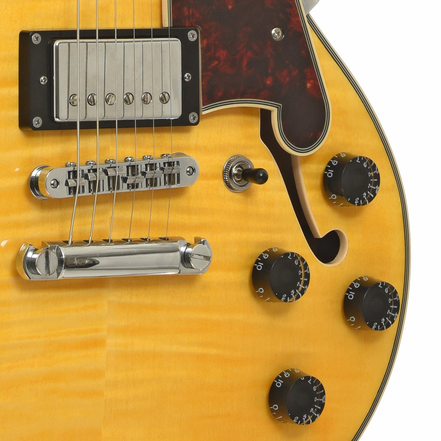 Bridge and controls of D'Angelico Premier Mini DC XT Hollowbody Electric Guitar  
