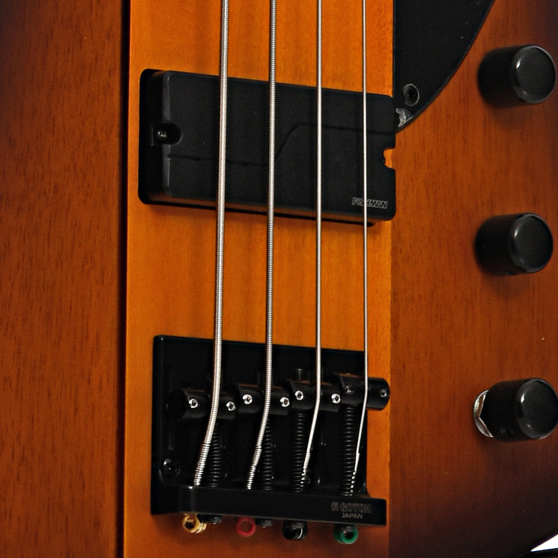 Bridge  and controls of ESP LTD Phoenix-1004 4-String Bass, Tobacco Sunburst Satin