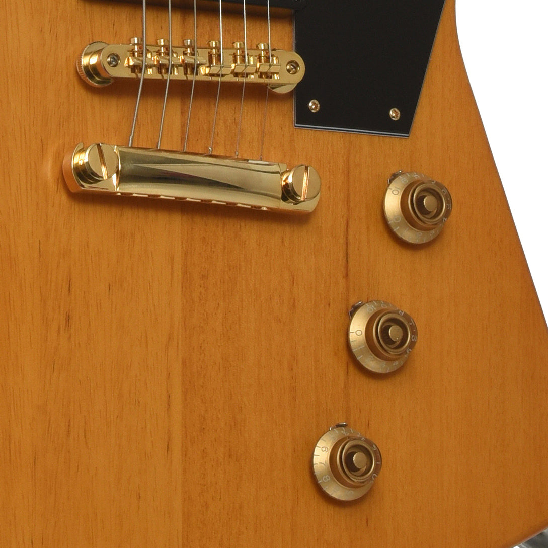 Bridge and controls of Epiphone '58 Korina Explorer Electric Guitar