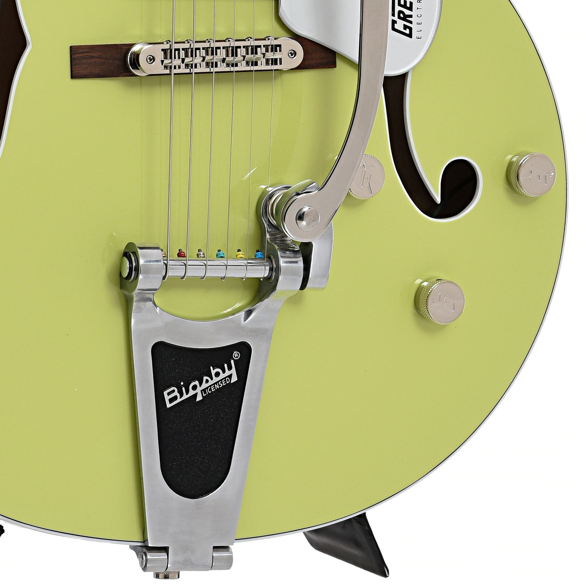 Bigsby, Bridge and controls of Gretsch G5420T Electromatic Classic Single-Cut with Bigsby, Two-Tone Anniversary Green