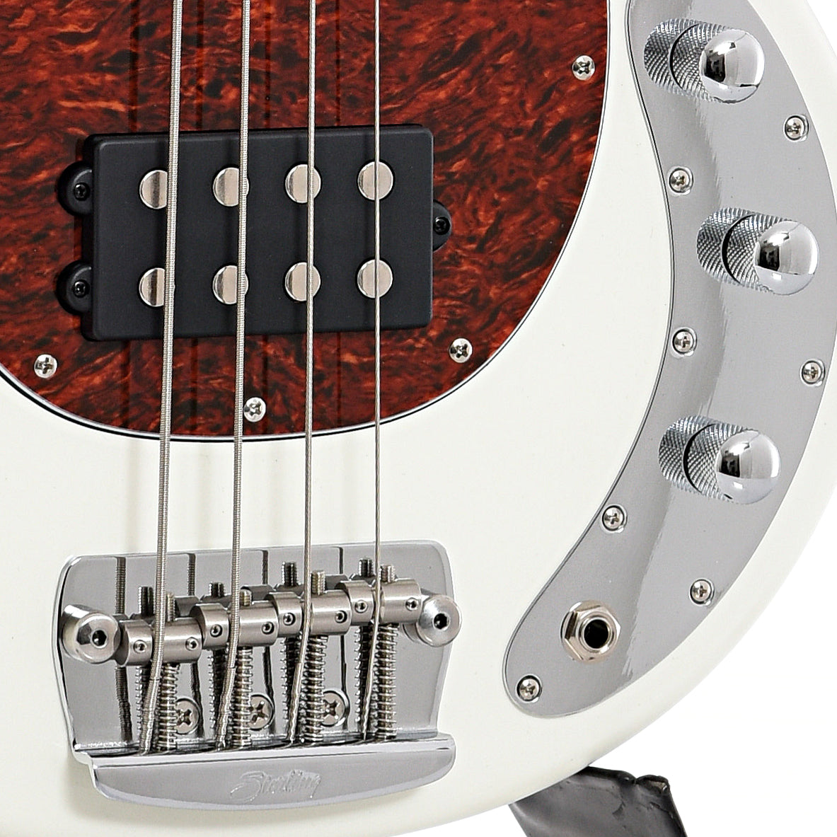 Bridge, bridge pickup and controls of Sterling by Music Man RAY24CA 4-String Bass, Olympic White