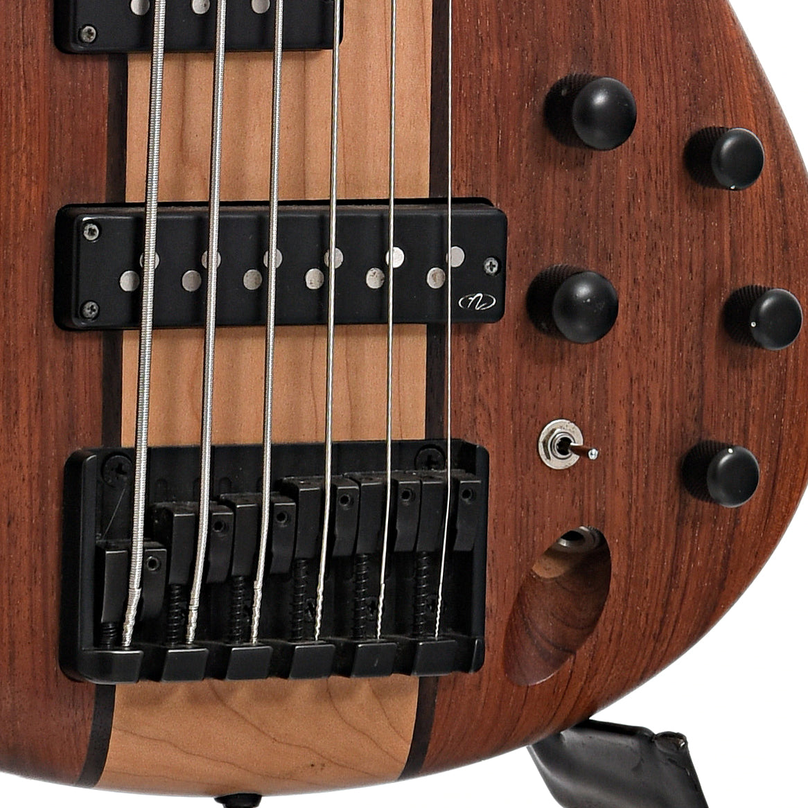 Bridge and controls of Ibanez ST756 6-String Electric Bass (2010s)