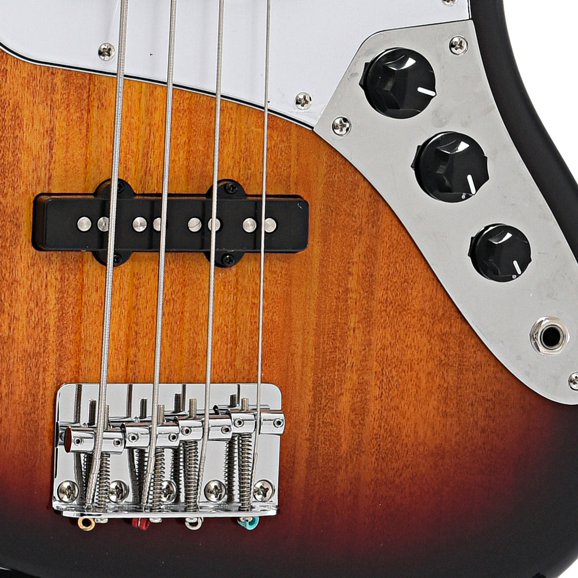 Bridge, pickups and controls of Squier Affinity Jazz Bass