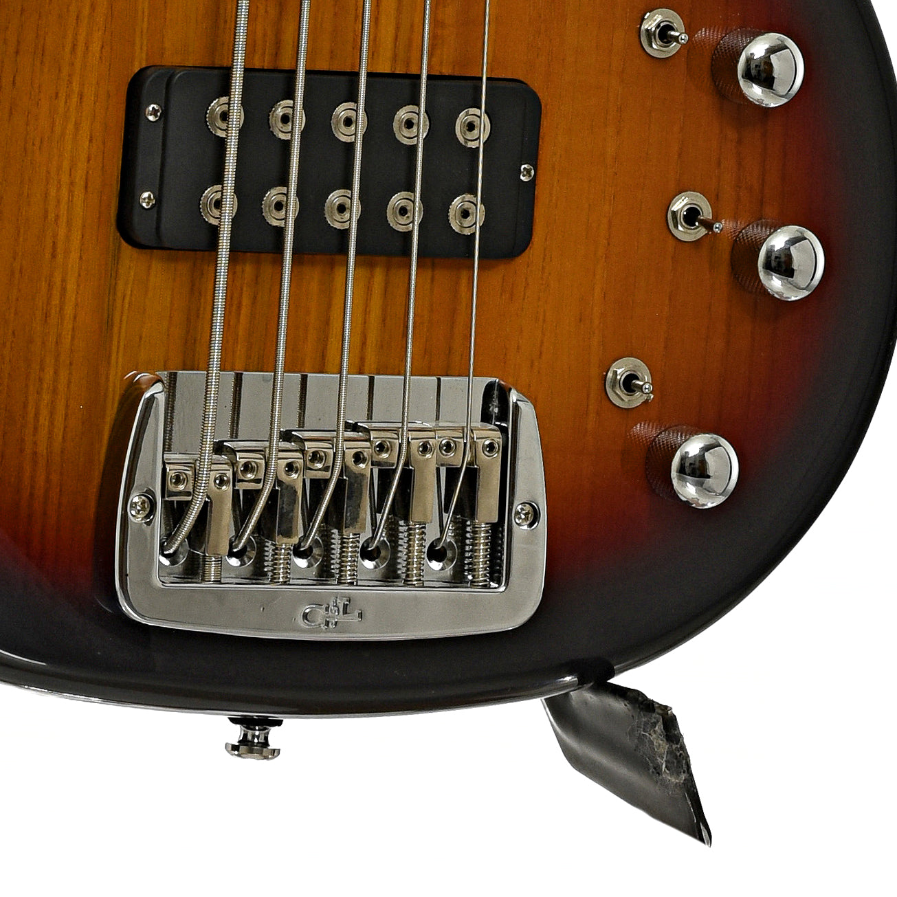 Bridge and controls of G&L L-2500 Tribute 5-String Electric Bass 
