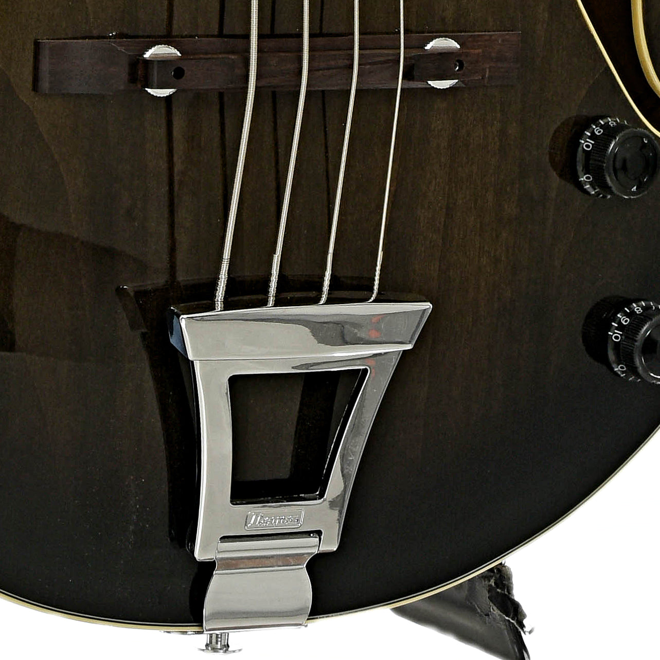 Bridge of Ibanez Artcore AFB200 Hollowbody Electric Bass Guitar, Transparent Black Sunburst