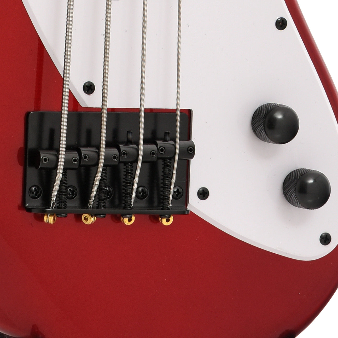 Bridge and controls of Kala Solid Body U-Bass, Candy Apple Red