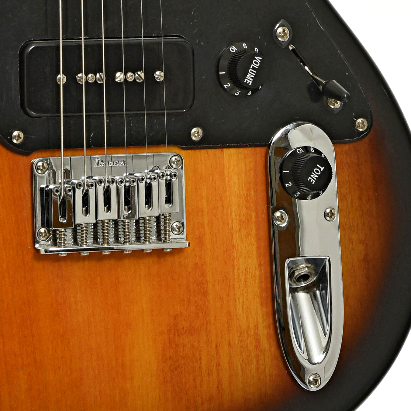 Bridge and controls of Ibanez Noodles Signature Model NDM5 Electric Guitar, Sunburst