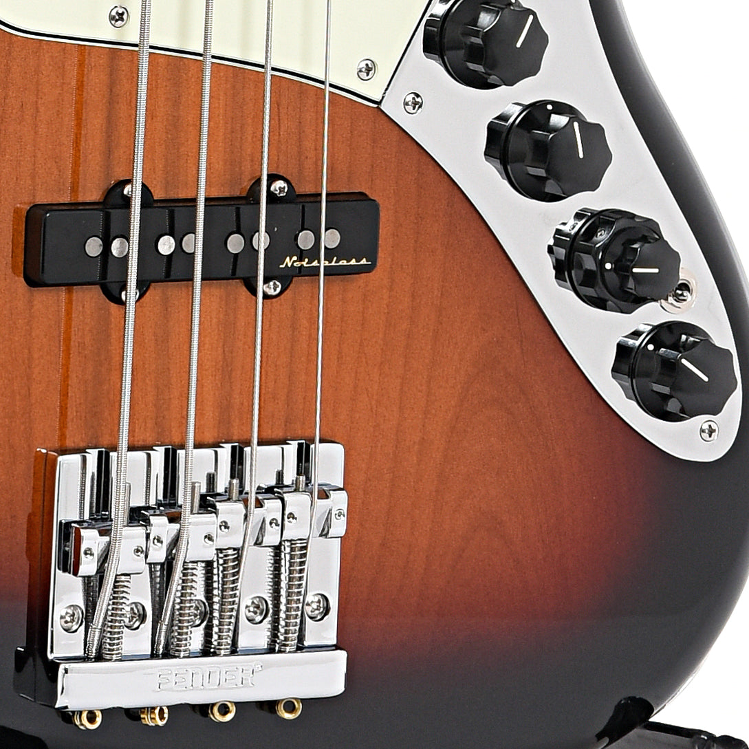 Bridge and controls of Fender Player Plus Jazz Bass, 3-Color Sunburst