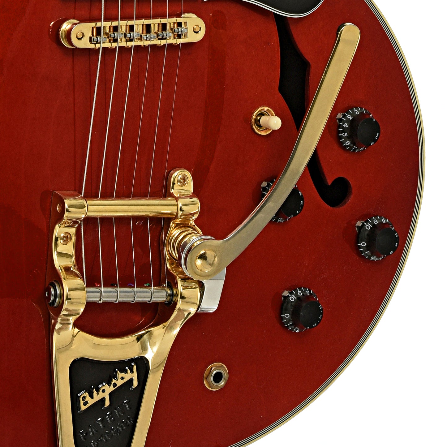 Bridge and controls of Gibson ES-355 w/ Bigsby Hollowbody Electric Guitar