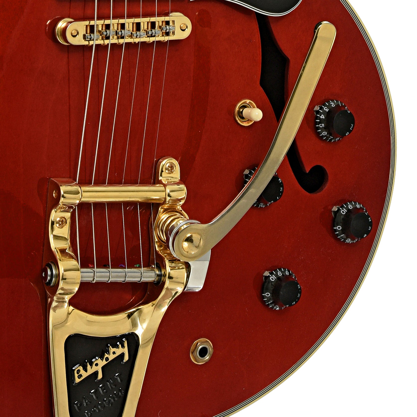 Bridge and controls of Gibson ES-355 w/ Bigsby Hollowbody Electric Guitar