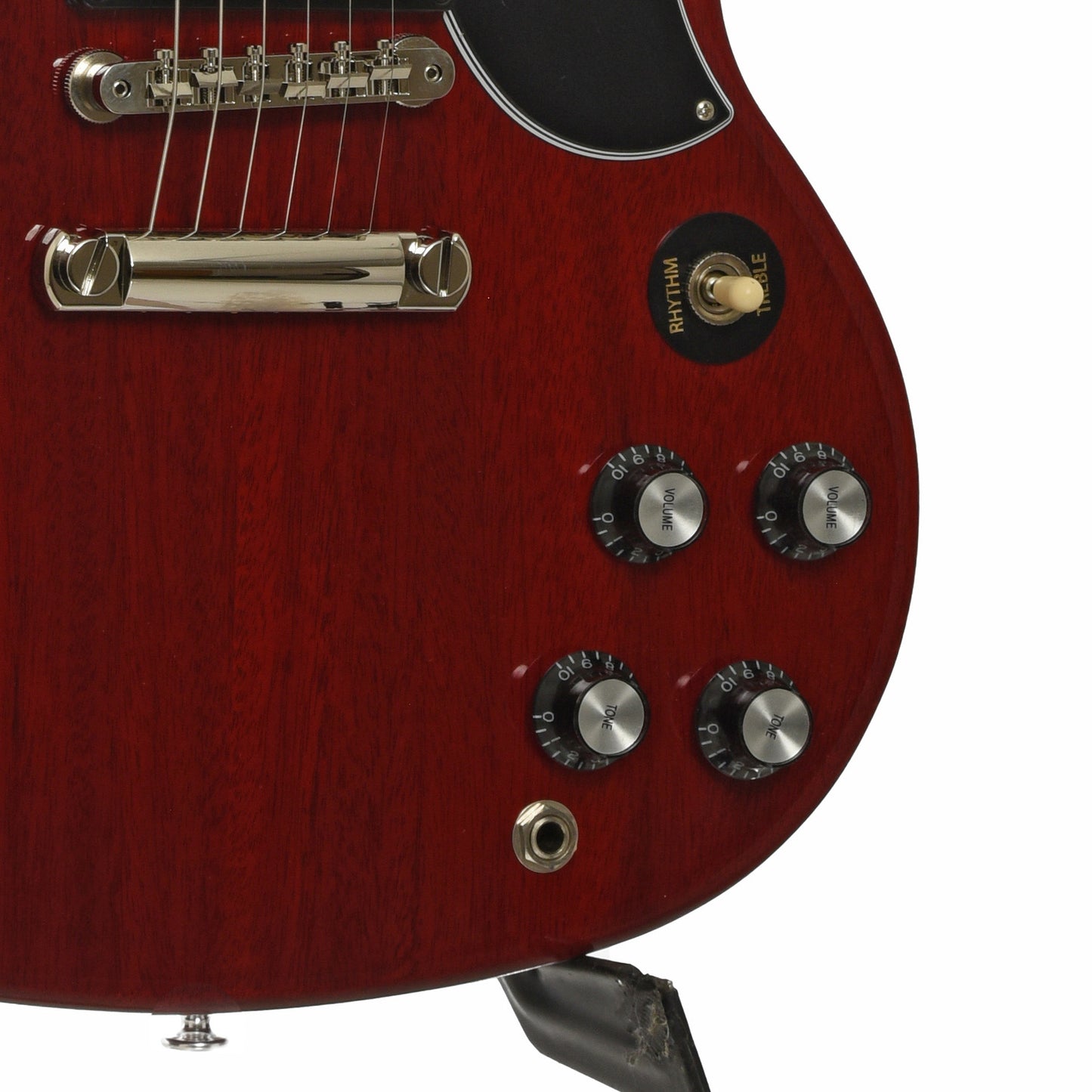 Bridge and controls of Gibson SG Standard 61 Stop Bar Electric Guitar & Case, Heritage Cherry
