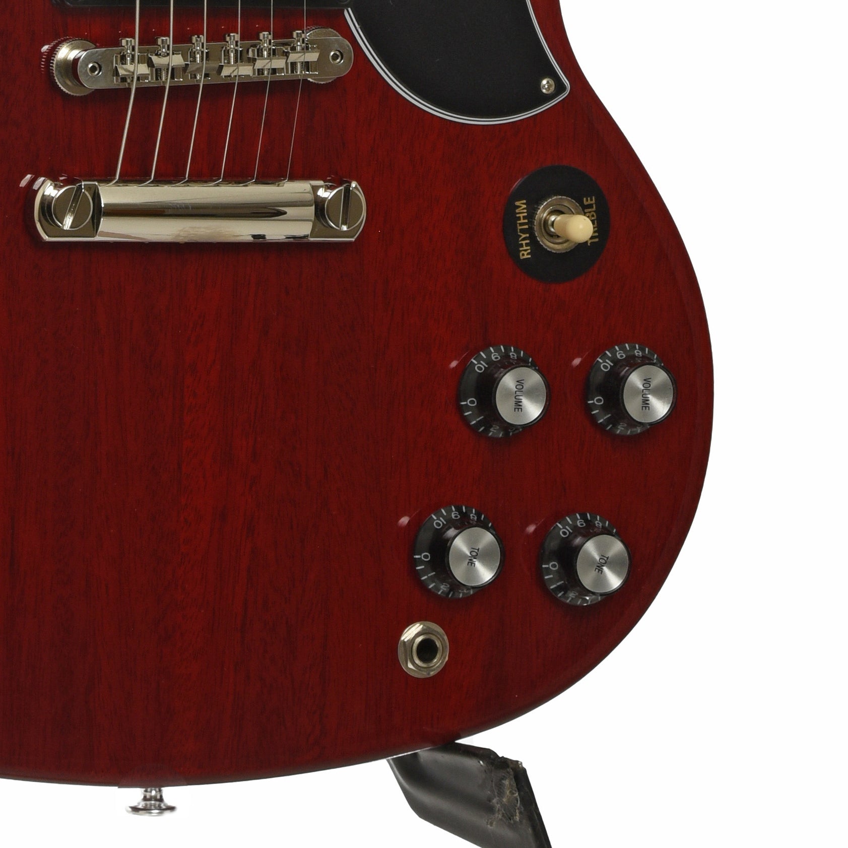 Bridge and controls of Gibson SG Standard 61 Stop Bar Electric Guitar & Case, Heritage Cherry