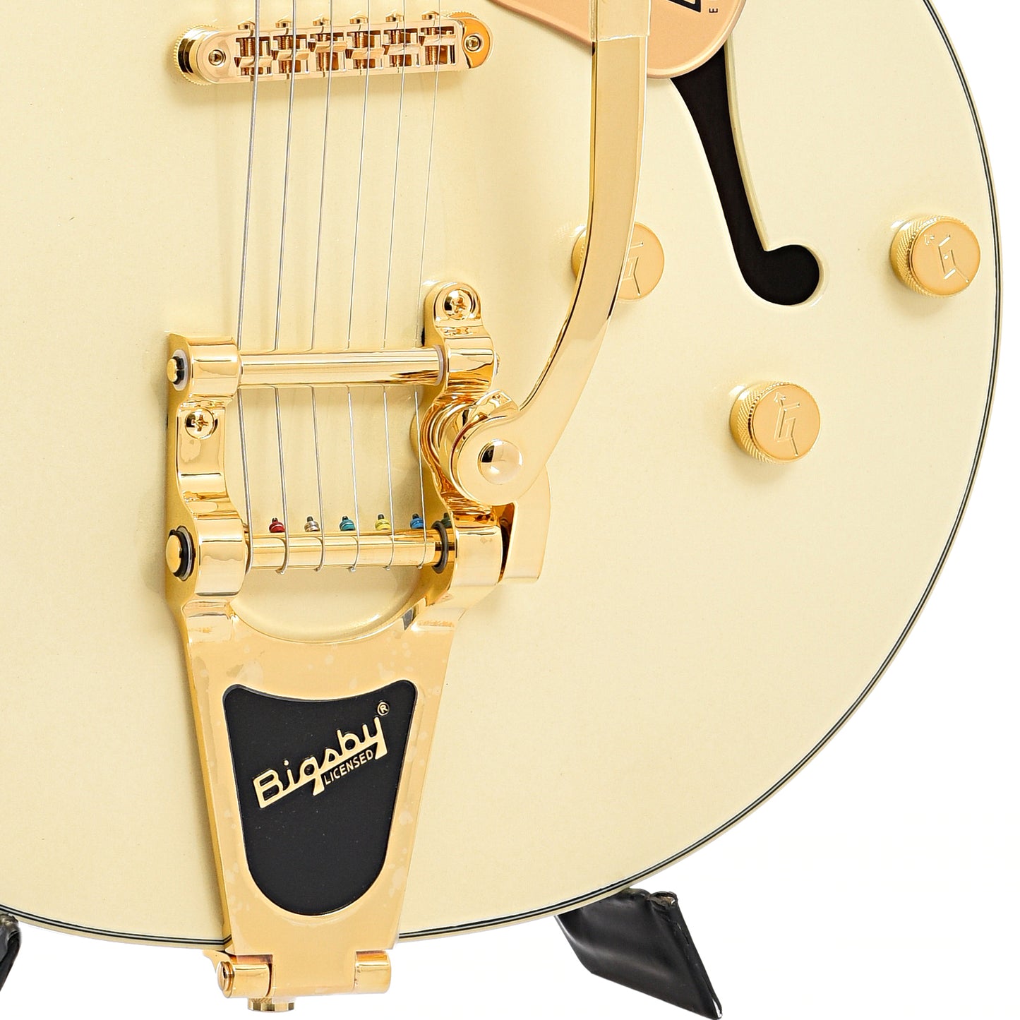 Bigsby tremolo, bridge and controls of Gretsch Electromatic Pristine LTD Double-Cut with Bigsby, White Gold