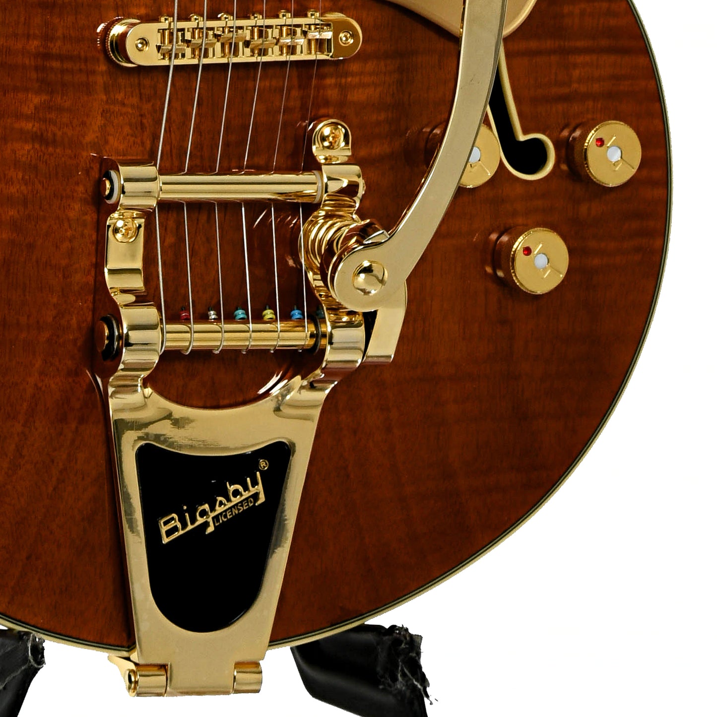 Bridge of Gretsch Electromatic LTD Flame Okoume Broadkaster Jr. Single-Cut with Bigsby, Roundup Orange