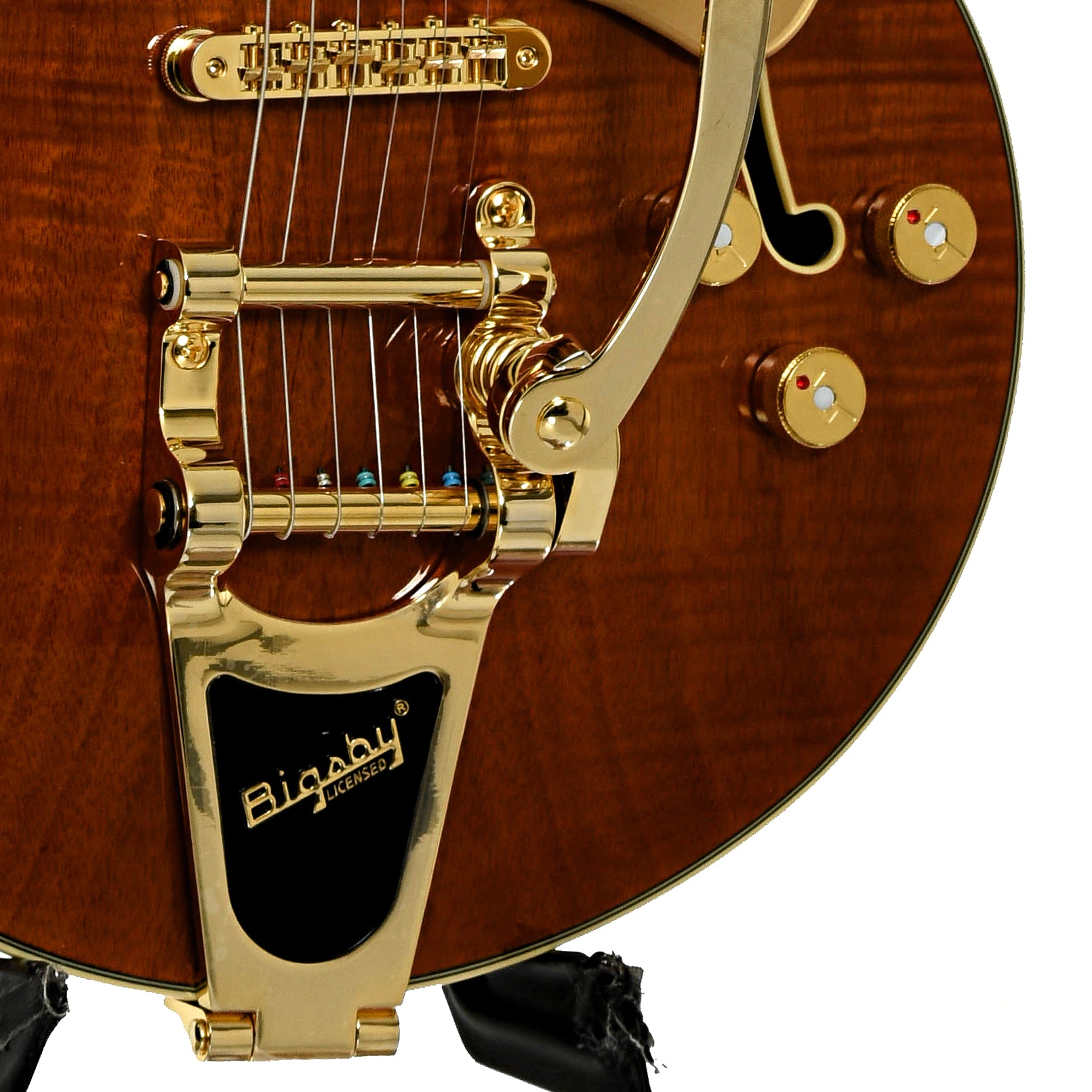 Bridge of Gretsch Electromatic LTD Flame Okoume Broadkaster Jr. Single-Cut with Bigsby, Roundup Orange