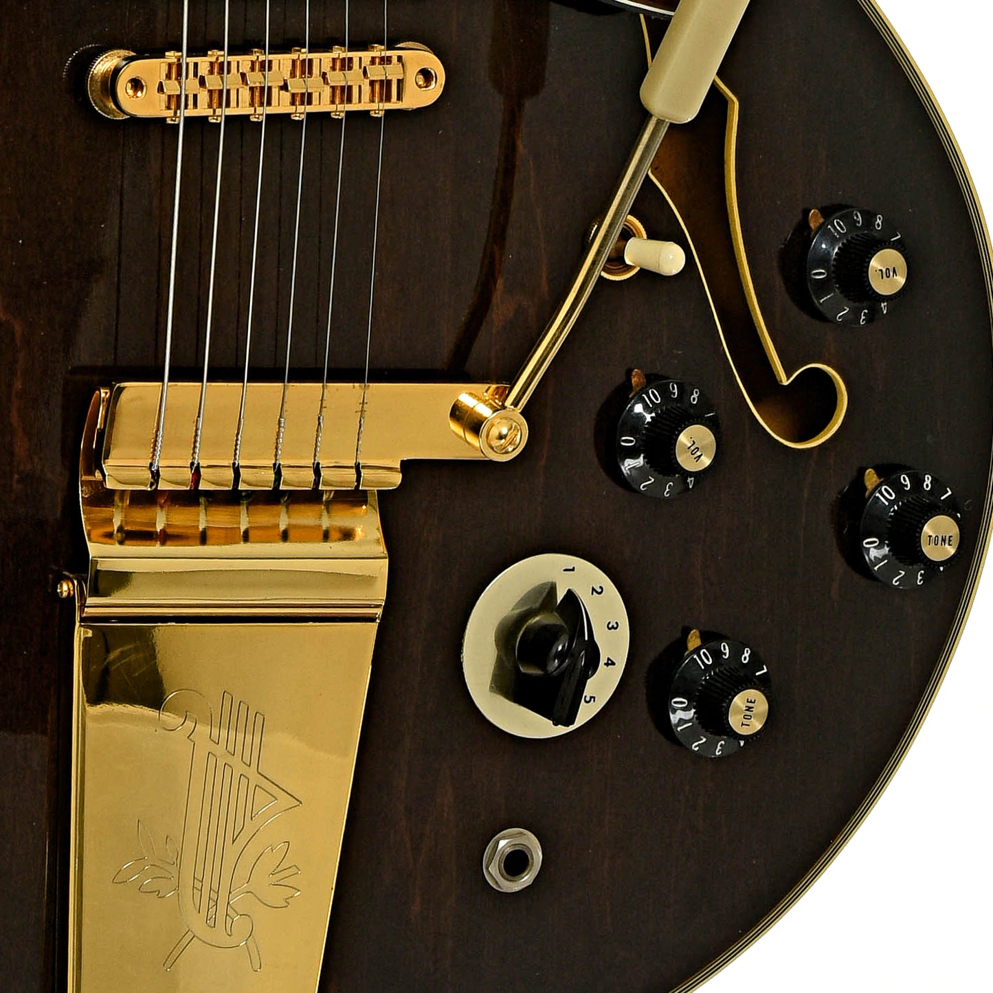 Bridge and controls of Gibson ES-355TD Stereo Hollowbody Electric Guitar 