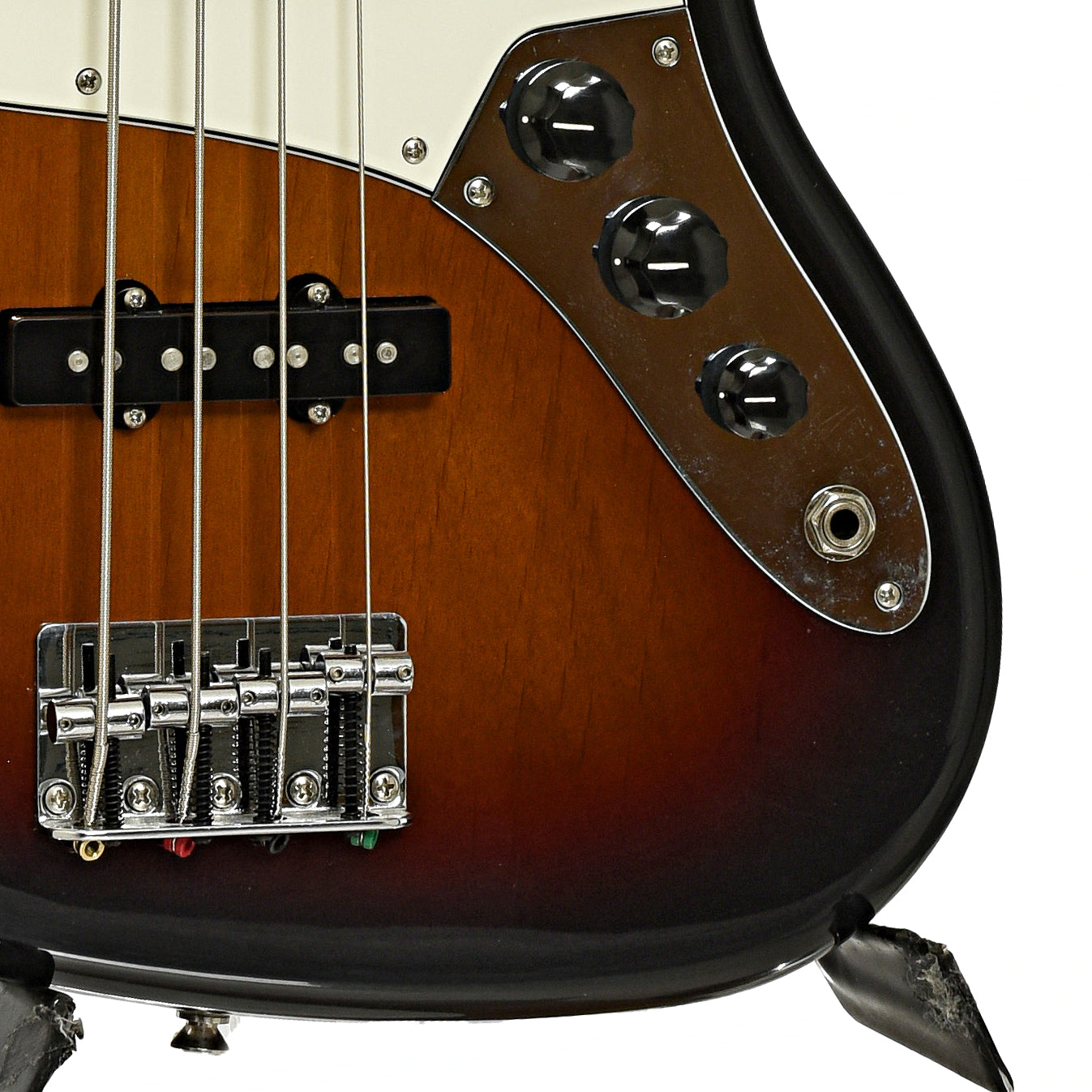 Bridge and controls of Fender Standard Jazz Electric Bass 