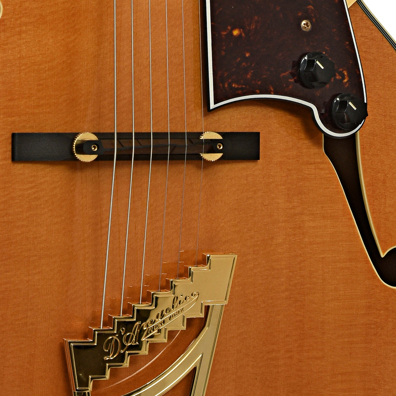 Bridge and controls of D'Angelico EXL-1 Archtop Hollowbody Electric Guitar