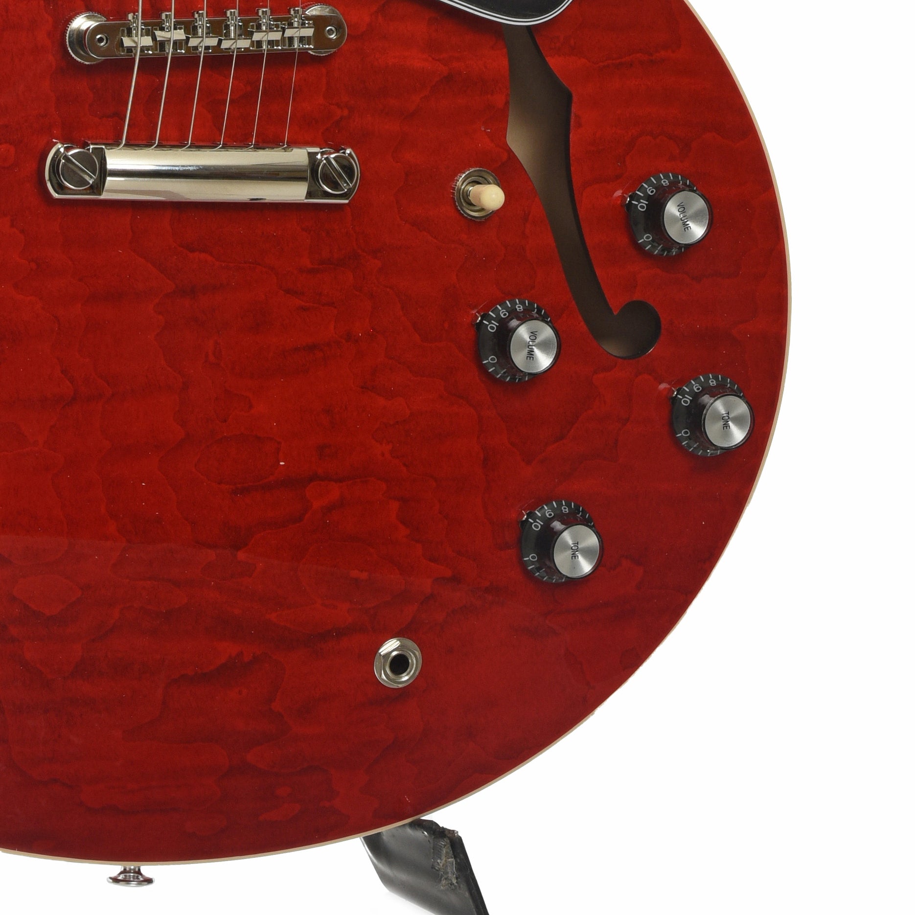 Bridge and controls of Gibson ES-335 Figured Semi-Hollowbody Electric Guitar & Case, Sixties Cherry