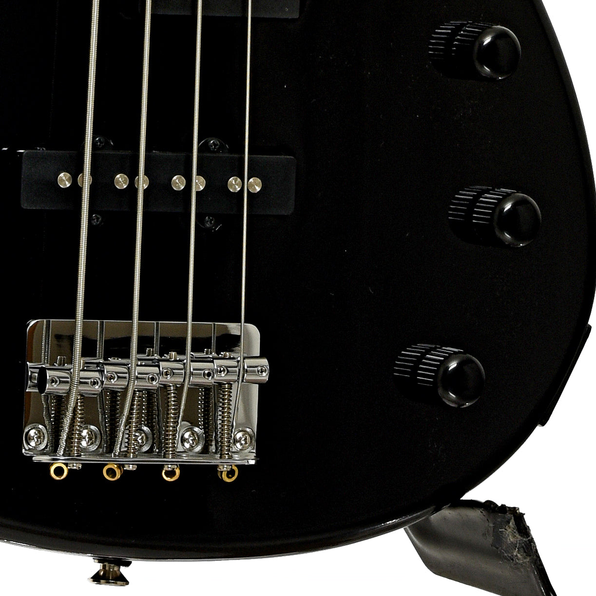 Bridge and controls of Yamaha TRBX174 Electric Bass Guitar, Black